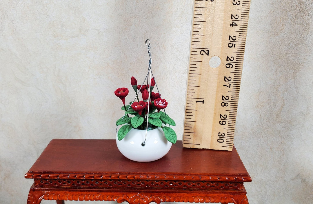 Dollhouse Hanging Basket of Red Flowers White Ceramic Pot 1:12 Scale Miniature - MiniatureCrush