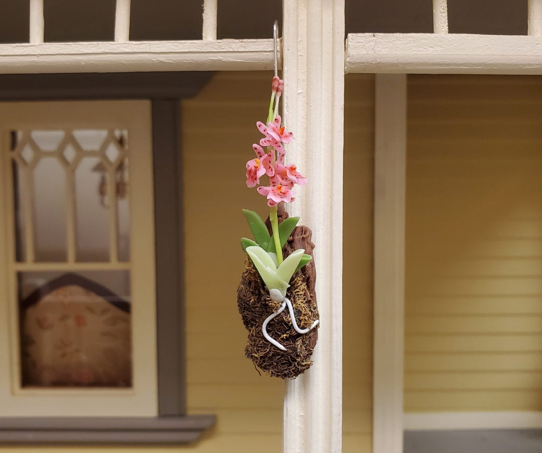 Dollhouse Hanging Orchid on Bark with Moss Pink Flowering Plant 1:12 Scale - MiniatureCrush