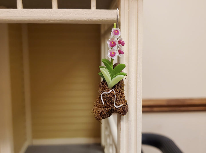 Dollhouse Hanging Orchid White Purple Bark & Moss Flowering Plant 1:12 Scale - MiniatureCrush