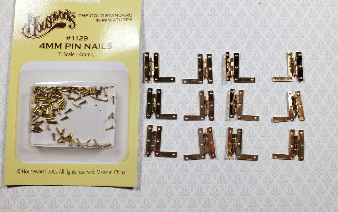 Dollhouse HL Hinges Working Gold Brass 6 Sets Gold 1:12 Scale Miniature w/Nails - MiniatureCrush
