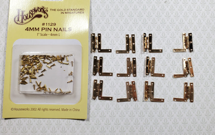 Dollhouse HL Hinges Working Gold Brass 6 Sets Gold 1:12 Scale Miniature w/Nails - MiniatureCrush