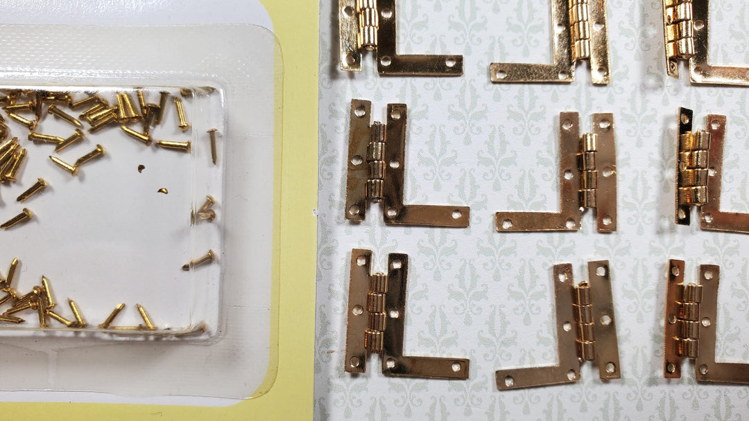 Dollhouse HL Hinges Working Gold Brass 6 Sets Gold 1:12 Scale Miniature w/Nails - MiniatureCrush
