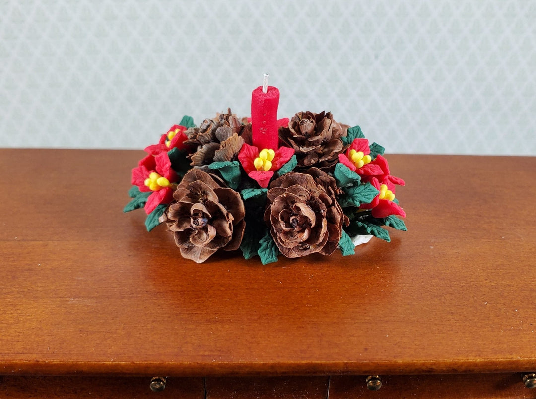 Dollhouse Holiday Centerpiece Red Poinsettias & Pinecones 1:12 Scale Miniature - MiniatureCrush