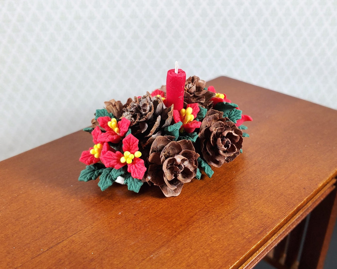 Dollhouse Holiday Centerpiece Red Poinsettias & Pinecones 1:12 Scale Miniature - MiniatureCrush