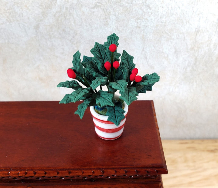 Dollhouse Holly Plant with Berries in a White & Red Pot 1:12 Scale Miniature - MiniatureCrush