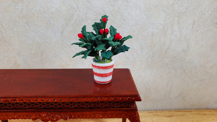 Dollhouse Holly Plant with Berries in a White & Red Pot 1:12 Scale Miniature - MiniatureCrush