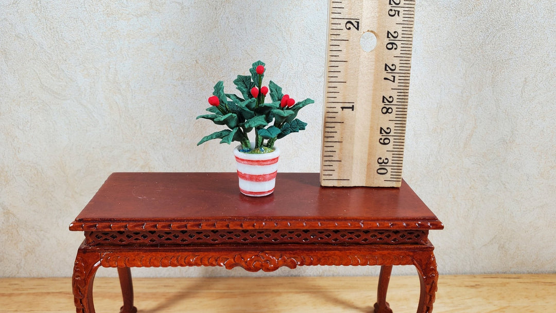 Dollhouse Holly Plant with Berries in a White & Red Pot 1:12 Scale Miniature - MiniatureCrush