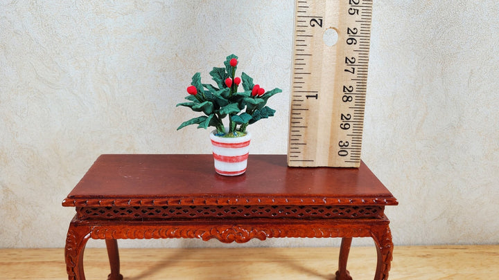 Dollhouse Holly Plant with Berries in a White & Red Pot 1:12 Scale Miniature - MiniatureCrush