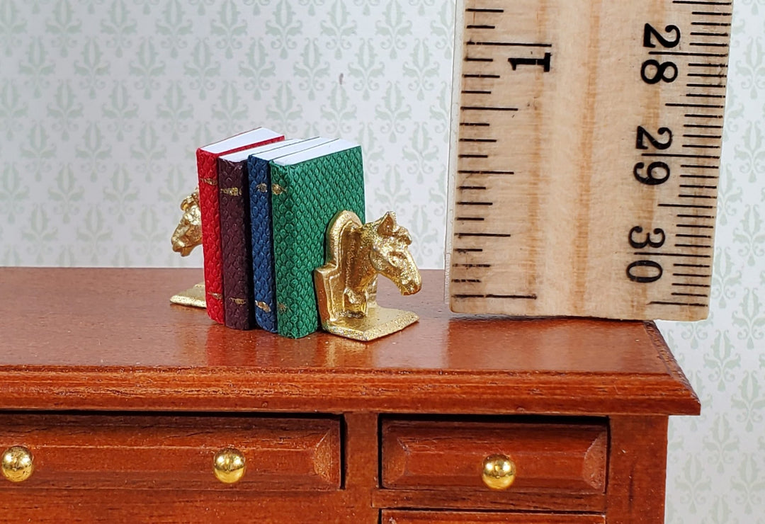 Dollhouse Horse Bookends with 4 Tiny Books Gold Metal 1:12 Scale Miniature - Miniature Crush