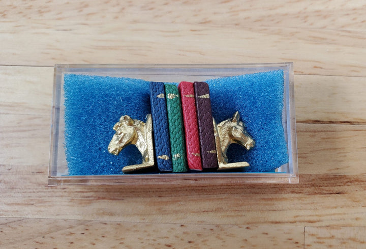 Dollhouse Horse Bookends with 4 Tiny Books Gold Metal 1:12 Scale Miniature - Miniature Crush