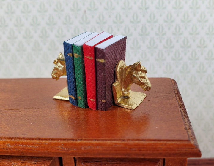 Dollhouse Horse Bookends with 4 Tiny Books Gold Metal 1:12 Scale Miniature - Miniature Crush