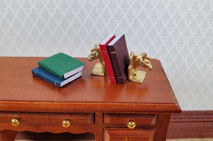 Dollhouse Horse Bookends with 4 Tiny Books Gold Metal 1:12 Scale Miniature - Miniature Crush