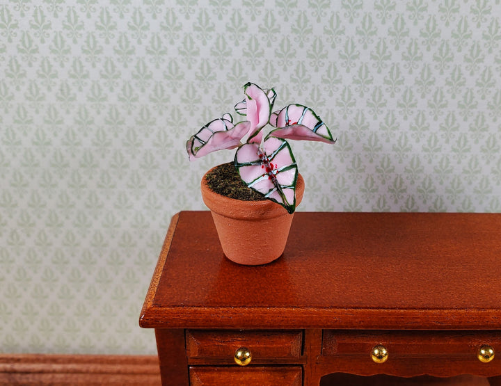 Dollhouse Houseplant Caladium Potted Plant 1:12 Scale Miniature Terra Cotta Pot - MiniatureCrush