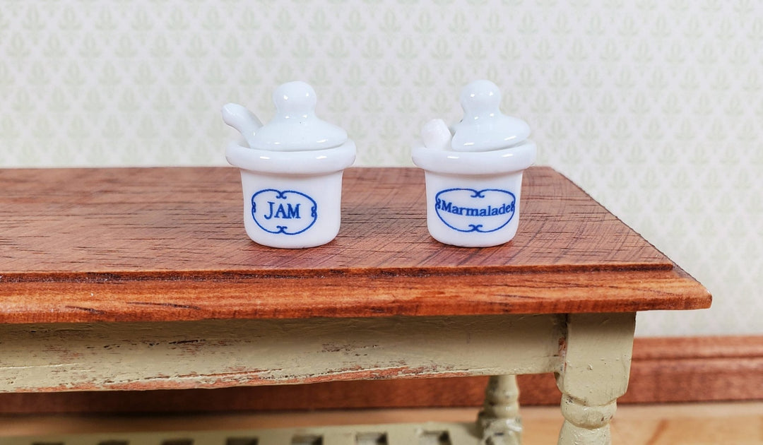 Dollhouse Jars of Jam & Marmalade Ceramic Removable Lids Scoops 1:12 Scale - MiniatureCrush