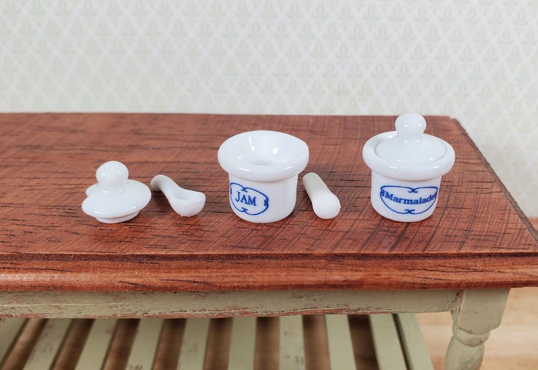 Dollhouse Jars of Jam & Marmalade Ceramic Removable Lids Scoops 1:12 Scale - MiniatureCrush