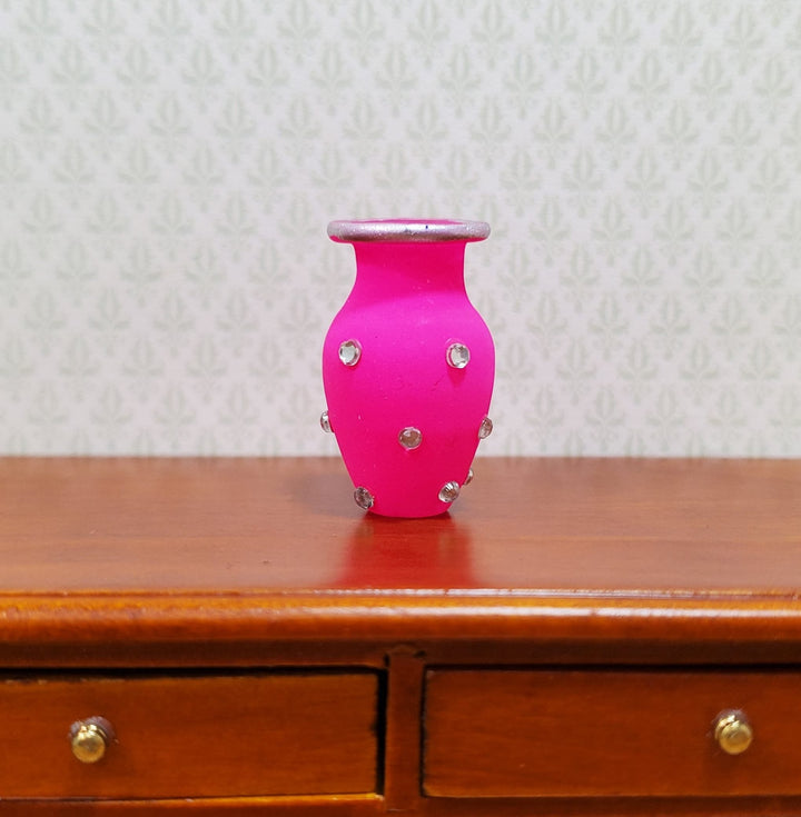 Dollhouse Jeweled Vase Hot Pink & Silver 1:12 Scale Miniature Decor Accessories - MiniatureCrush