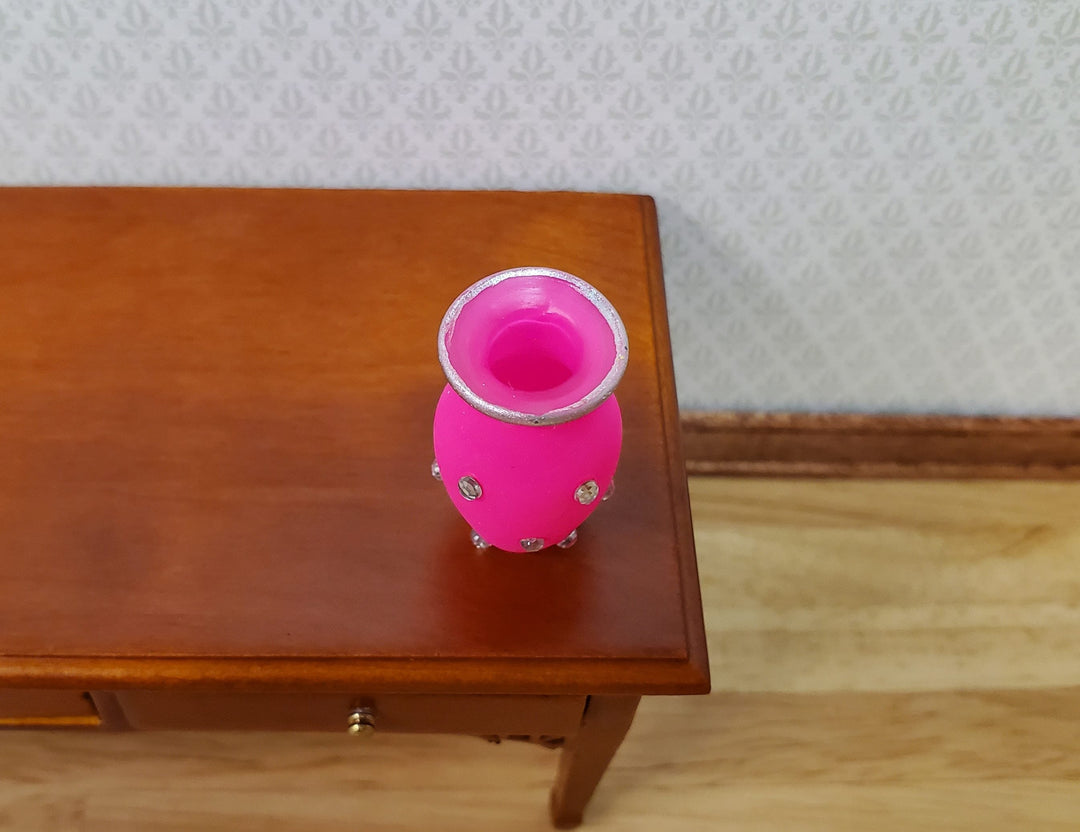 Dollhouse Jeweled Vase Hot Pink & Silver 1:12 Scale Miniature Decor Accessories - MiniatureCrush