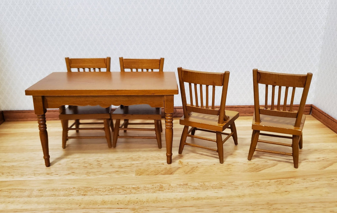 Dollhouse Kitchen Table & 4 Chairs Set Walnut Finish 1:12 Scale Furniture - MiniatureCrush