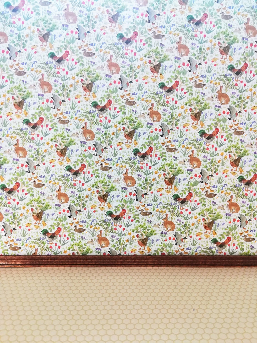 Dollhouse Kitchen Wallpaper 3 Sheets Roosters Bunnies Ducks 1:12 Country Spring