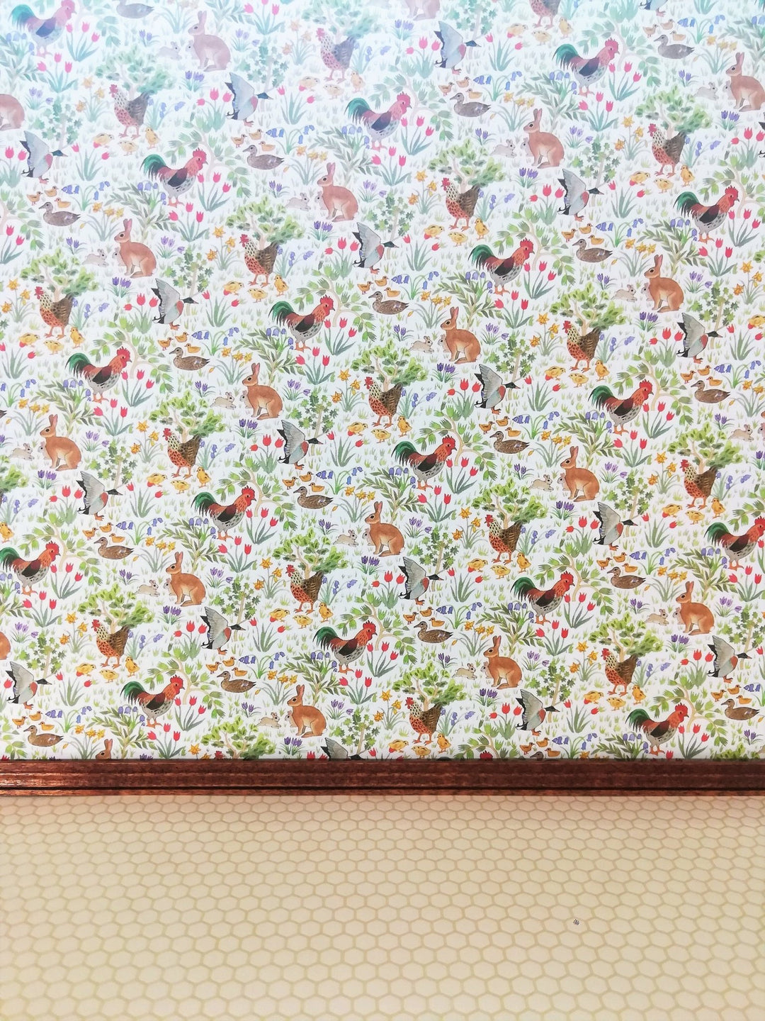 Dollhouse Kitchen Wallpaper 3 Sheets Roosters Bunnies Ducks 1:12 Country Spring - MiniatureCrush