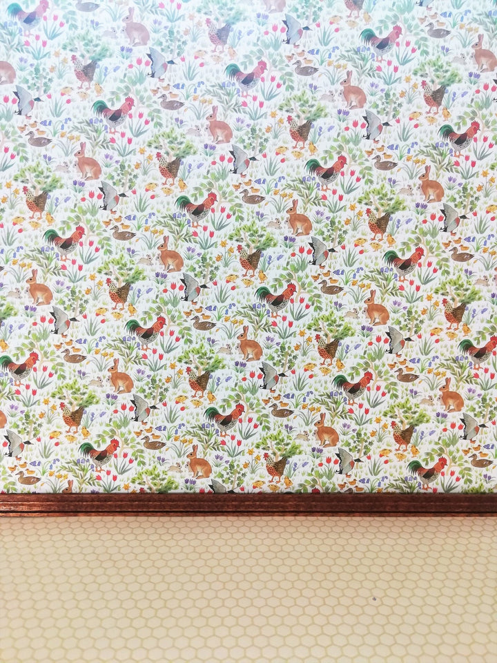 Dollhouse Kitchen Wallpaper 3 Sheets Roosters Bunnies Ducks 1:12 Country Spring - MiniatureCrush