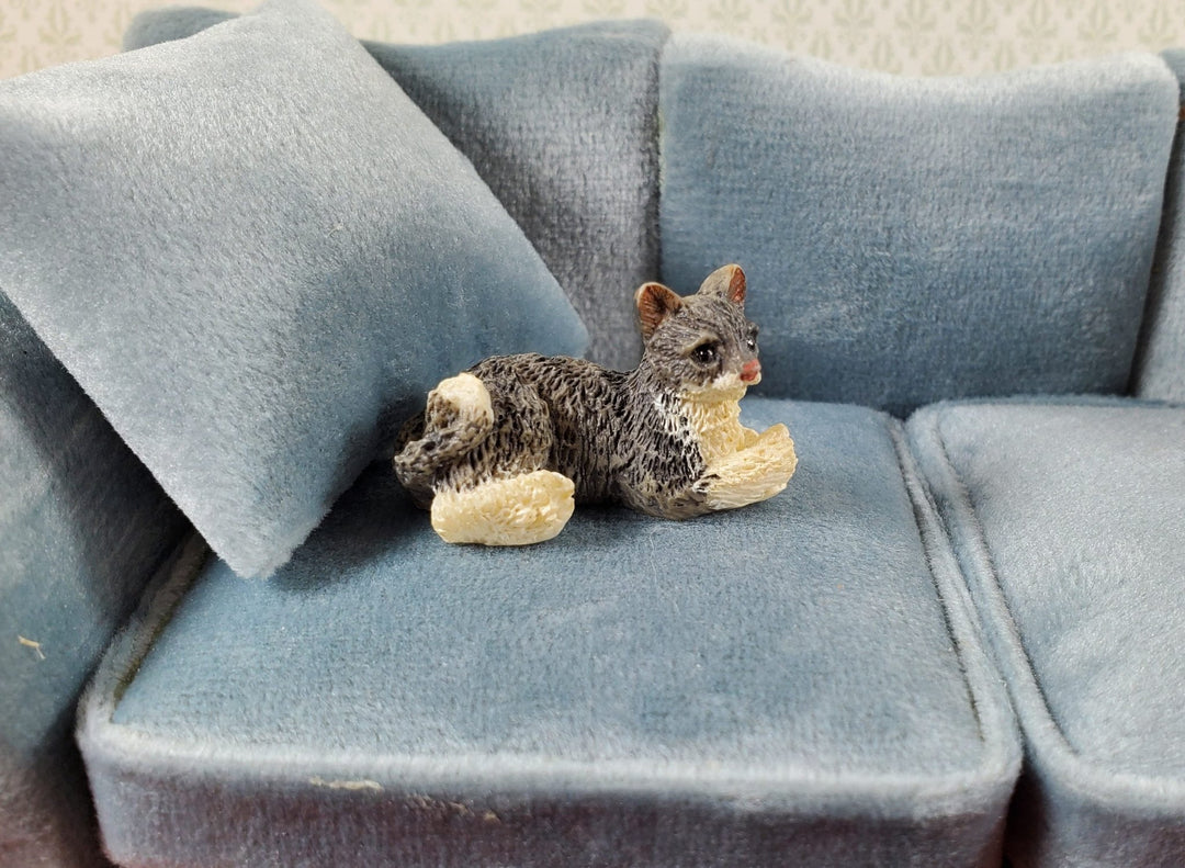 Dollhouse Kitty Cat Gray and White Lying Down Head Up 1:12 Sale Miniature Tabby - Miniature Crush