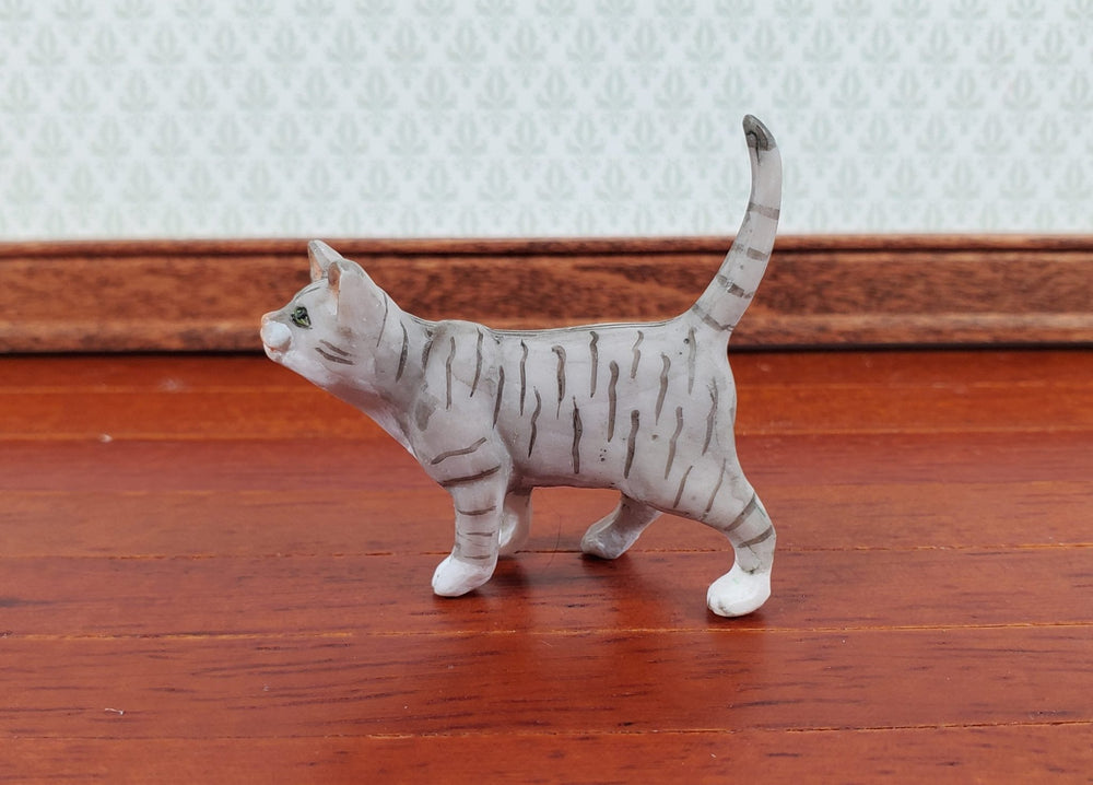 Dollhouse Kitty Cat Gray Tabby Standing Tail Up 1:12 Scale Pets Animals - Miniature Crush