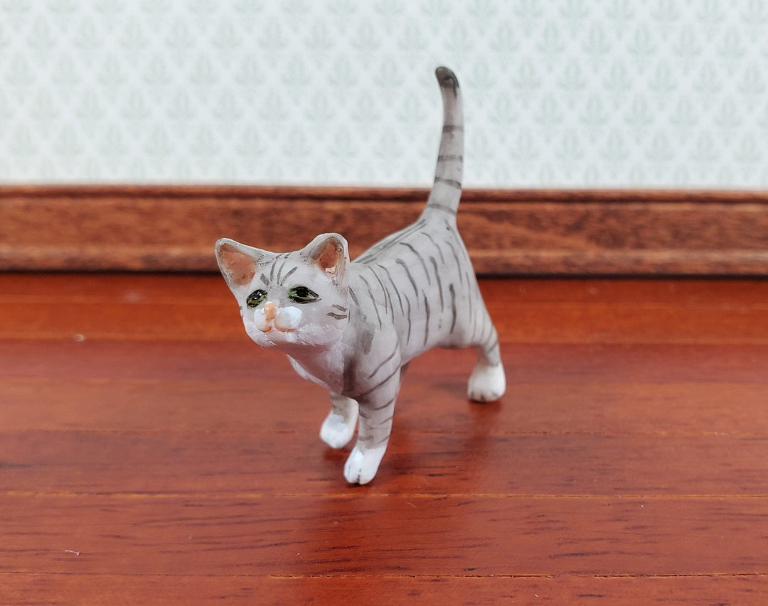 Dollhouse Kitty Cat Gray Tabby Standing Tail Up 1:12 Scale Pets Animals - Miniature Crush