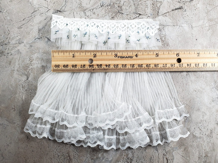 Dollhouse Lace Curtains Cream with Blue Floral Valance 1:12 Scale 5" W x 6" L - MiniatureCrush