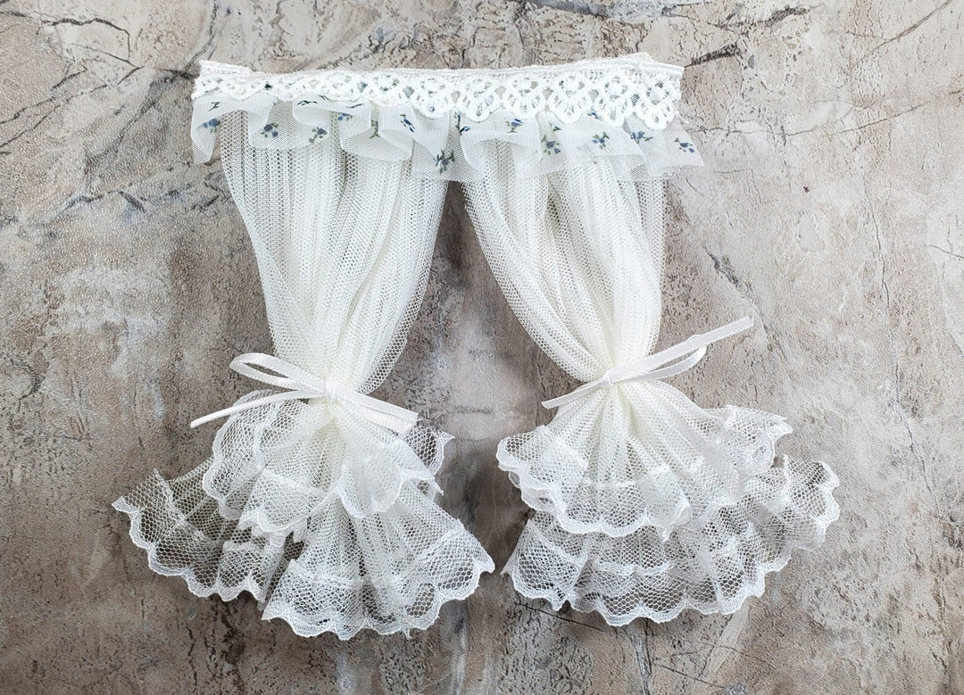 Dollhouse Lace Curtains Cream with Blue Floral Valance 1:12 Scale 5" W x 6" L - MiniatureCrush