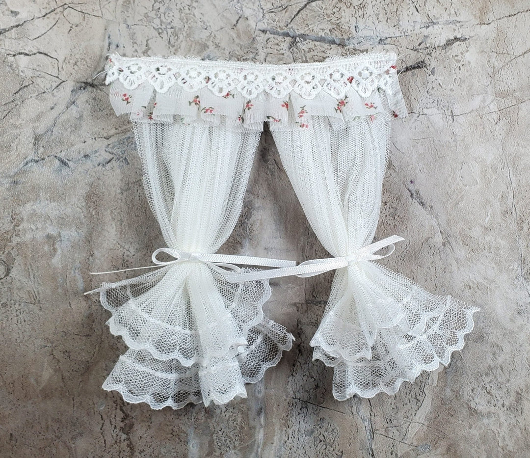 Dollhouse Lace Curtains Cream with Pink Floral Valance 1:12 Scale 5" W x 6" L - MiniatureCrush
