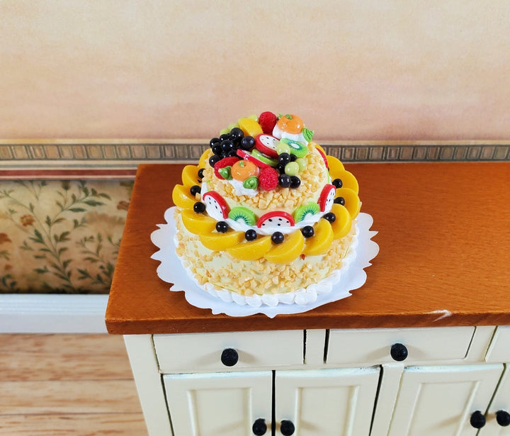 Dollhouse Large 2 Tier Cake with Fruit Topping 1:12 Scale Miniature Dessert Food - MiniatureCrush