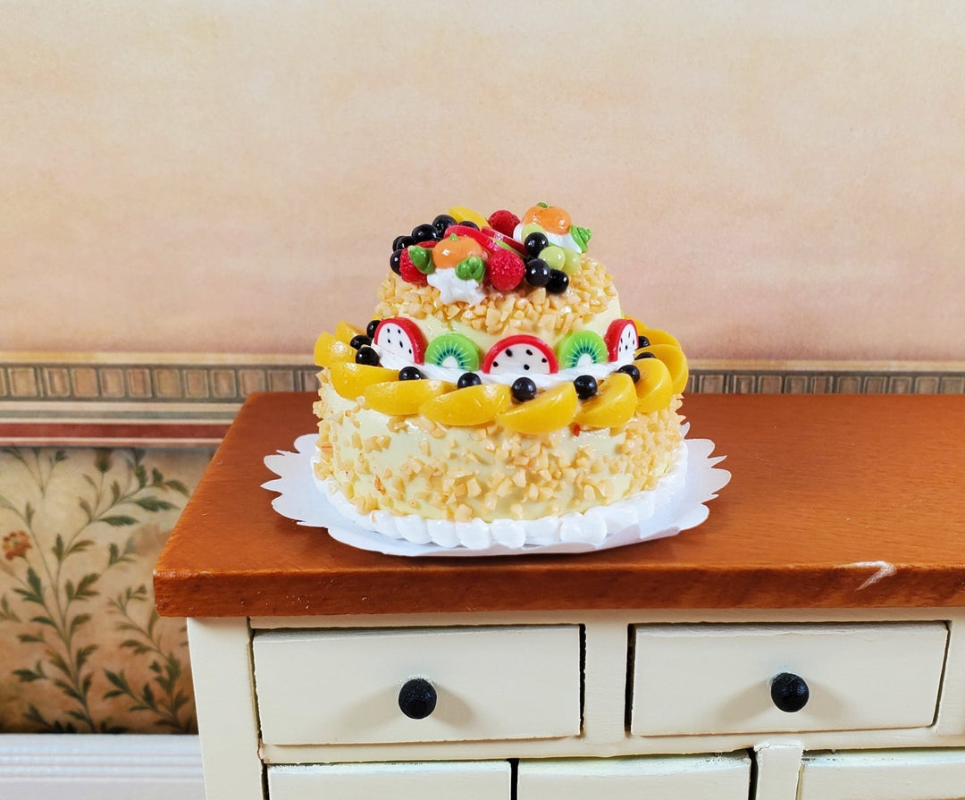 Dollhouse Large 2 Tier Cake with Fruit Topping 1:12 Scale Miniature Dessert Food - MiniatureCrush