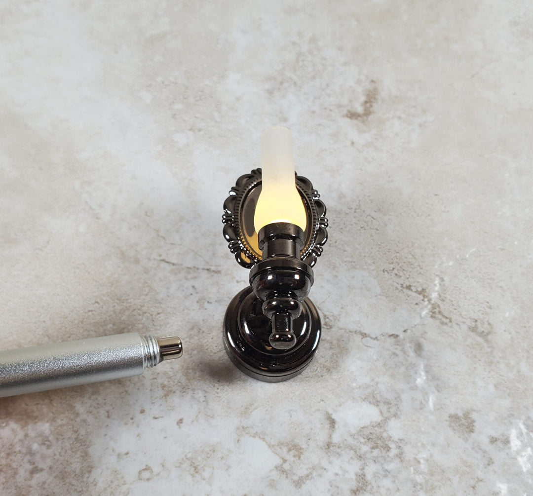 Dollhouse Large Black Chrome Wall Sconce Wand Operated 1:12 Scale Miniature - MiniatureCrush