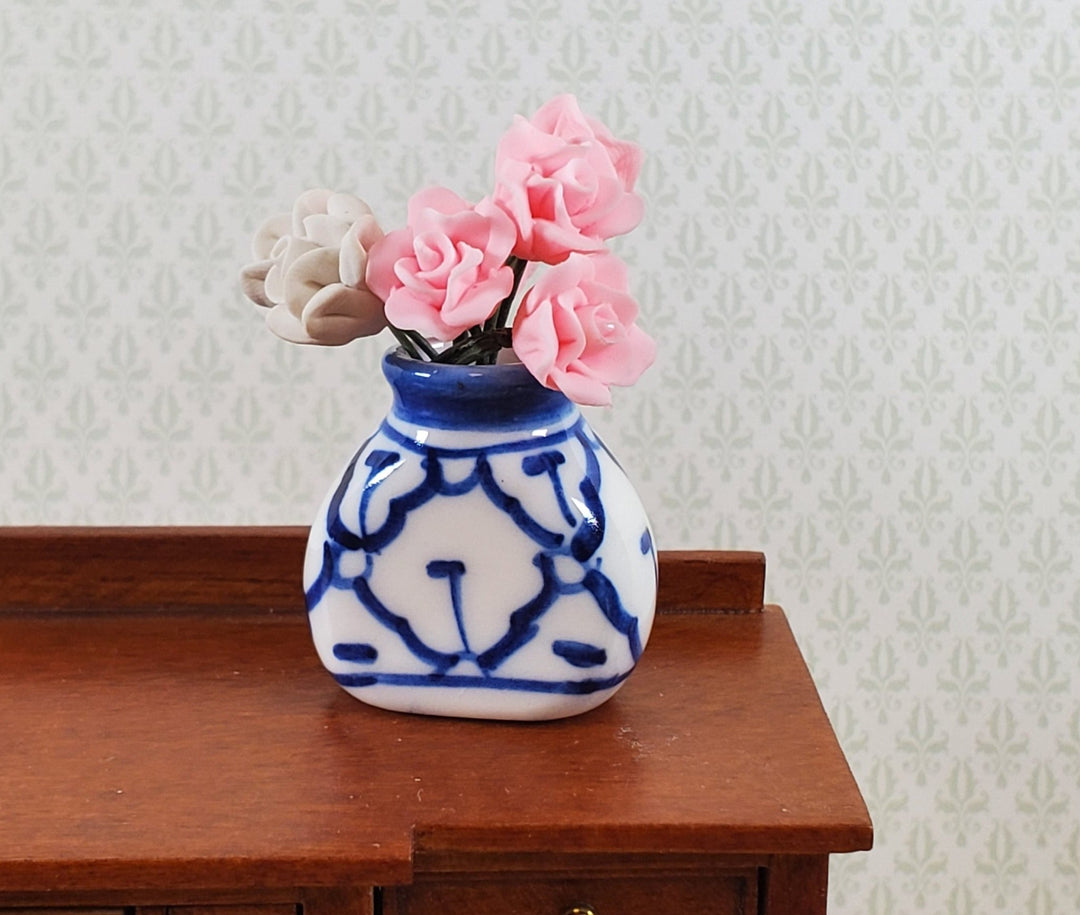Dollhouse Large Blue & White Decorative Vase Flat Sides 1:12 Scale Miniature - Miniature Crush