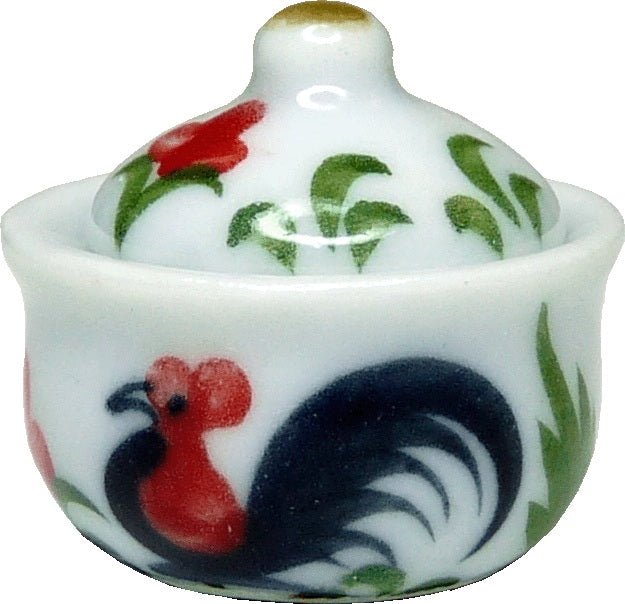 Dollhouse Large Ceramic Stock Pot with Lid Rooster Motif 1:12 Scale Miniature - MiniatureCrush