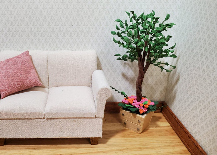 Dollhouse Large Ficus Tree in Square Wooden Flower Planter 1:12 Scale Miniature - MiniatureCrush