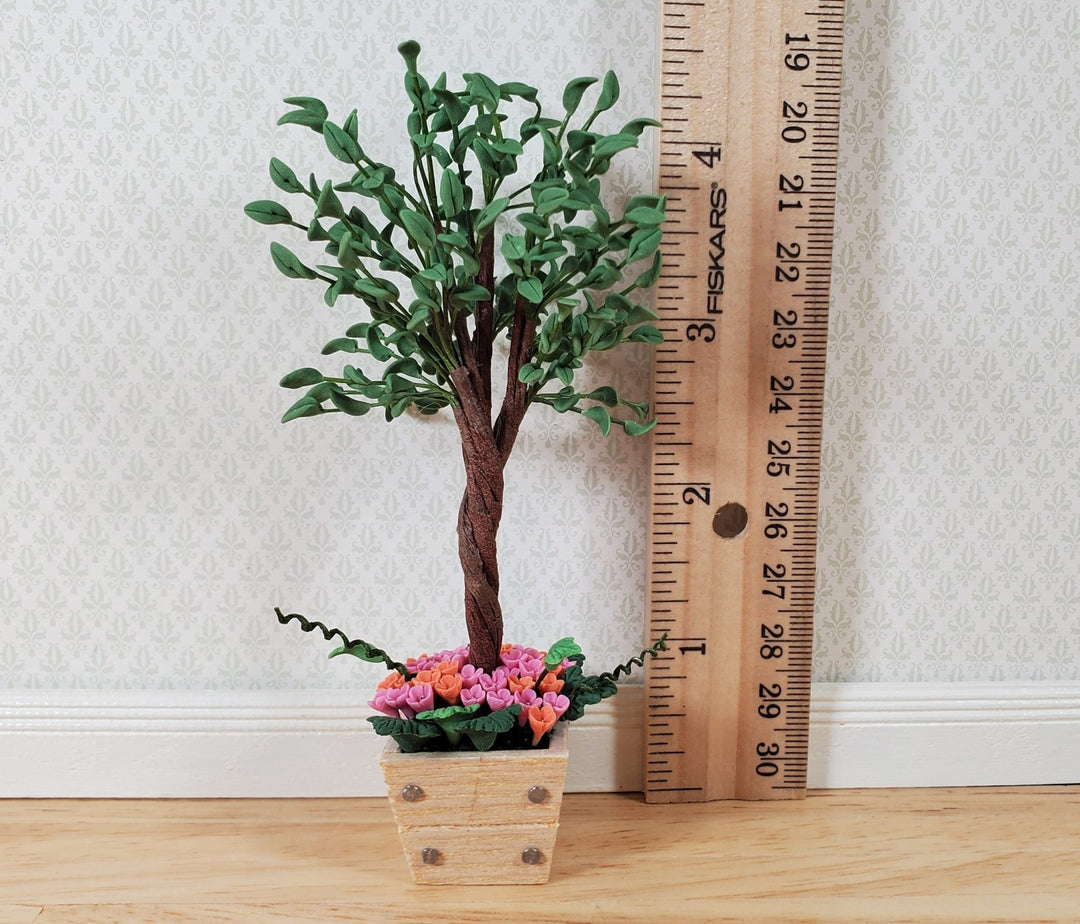 Dollhouse Large Ficus Tree in Square Wooden Flower Planter 1:12 Scale Miniature - MiniatureCrush