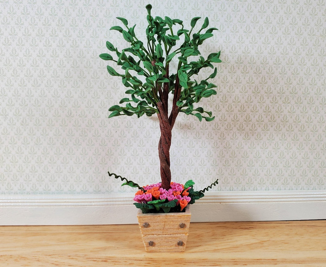 Dollhouse Large Ficus Tree in Square Wooden Flower Planter 1:12 Scale Miniature - MiniatureCrush