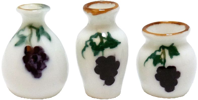 Dollhouse Large Glazed Ceramic Vases Grapes Motif Set of 3 1:12 Scale Miniatures - MiniatureCrush