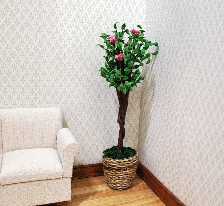 Dollhouse Large Ornamental Flowering Tree in Woven Basket 1:12 Scale Miniature - MiniatureCrush