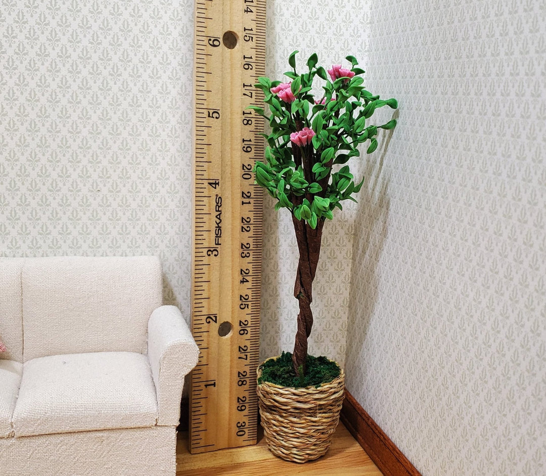 Dollhouse Large Ornamental Flowering Tree in Woven Basket 1:12 Scale Miniature - MiniatureCrush