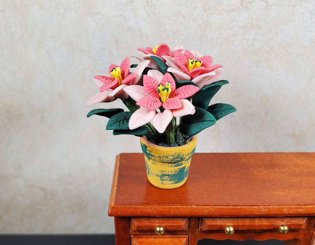 Dollhouse Large Pink Poinsettias in Yellow and Green Pot 1:12 Scale Miniature - MiniatureCrush