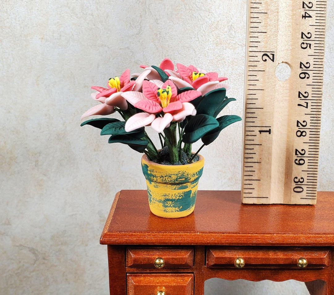 Dollhouse Large Pink Poinsettias in Yellow and Green Pot 1:12 Scale Miniature - MiniatureCrush
