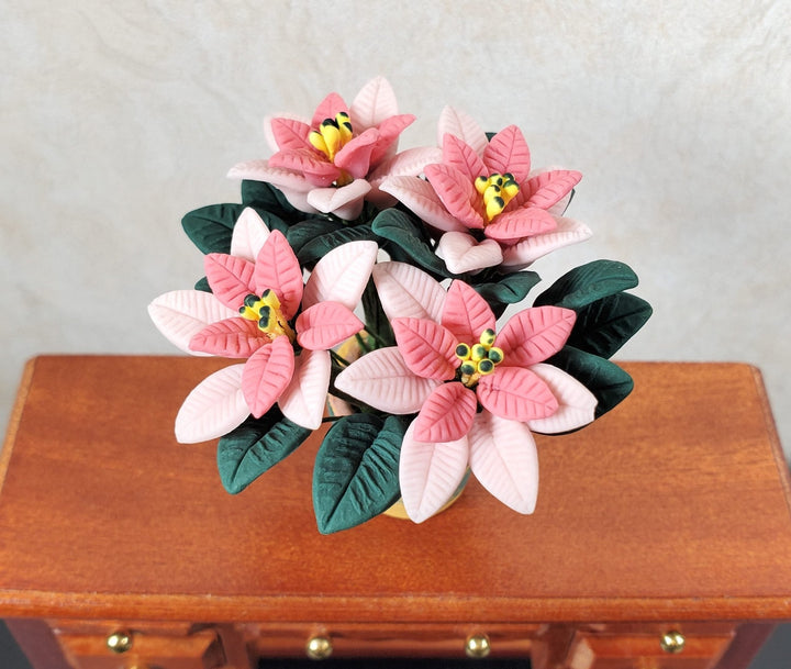 Dollhouse Large Pink Poinsettias in Yellow and Green Pot 1:12 Scale Miniature - MiniatureCrush