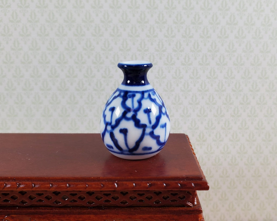 Dollhouse Large Pot Belly Vase Blue & White Patterned Ceramic 1:12 Scale Miniature 1" - MiniatureCrush