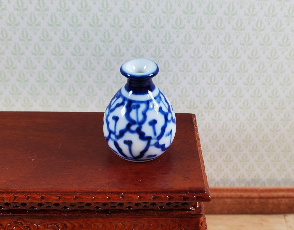 Dollhouse Large Pot Belly Vase Blue & White Patterned Ceramic 1:12 Scale Miniature 1" - MiniatureCrush