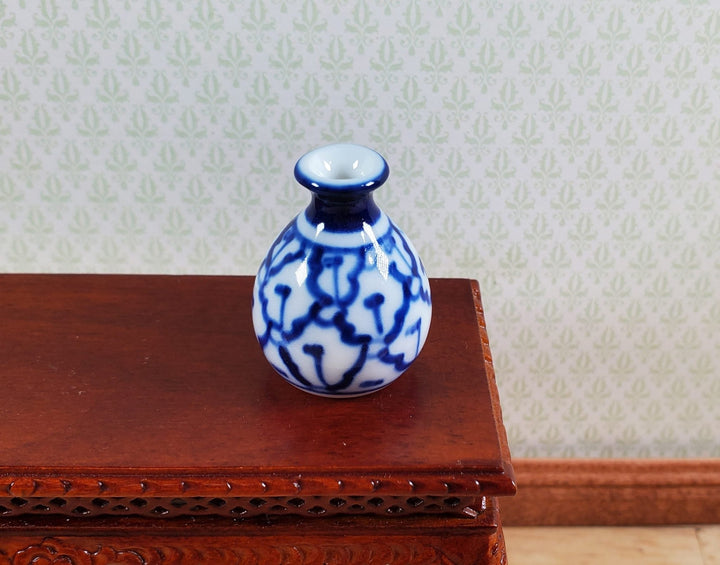 Dollhouse Large Pot Belly Vase Blue & White Patterned Ceramic 1:12 Scale Miniature 1" - MiniatureCrush