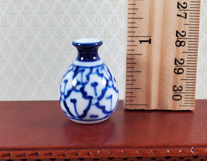 Dollhouse Large Pot Belly Vase Blue & White Patterned Ceramic 1:12 Scale Miniature 1" - MiniatureCrush