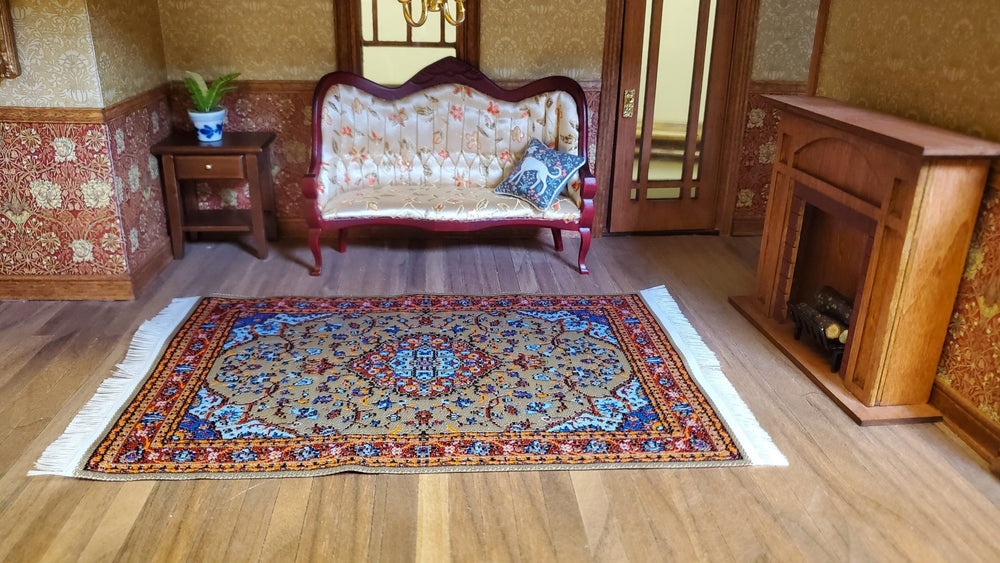 Dollhouse Large Rug Woven Fabric Red Orange Vines 1:12 Scale Miniature 9 1/4 x6 - MiniatureCrush